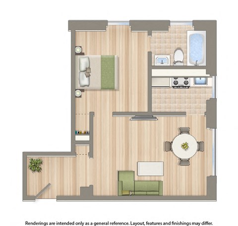 Floor plan for 1 bed, 1 bath, 457 sqft